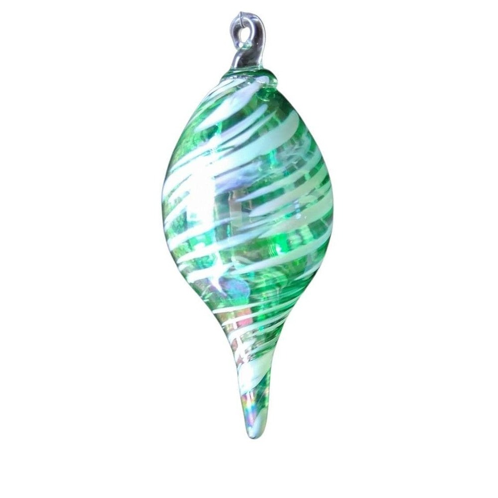 Hand Blown Studio Art Glass Ornament Green Swirl 6.25" Iridescent Heavy
